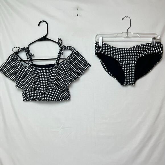 Albion Womens M Black White Gingham 2 Piece Bikini Swimsuit Set Retro High Waist - Picture 1 of 12